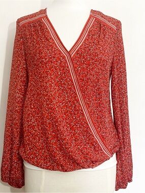 Max Studio Red Floral-Print Wrap Front High Low Hem Long Sleeve Top M